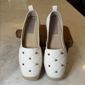 White Quilted Gold Studded Espadrille Flats by Michele Lopriore